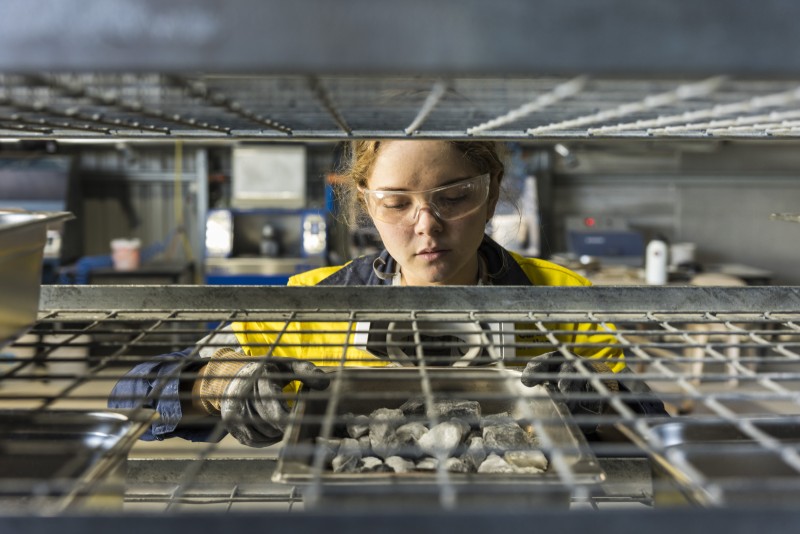 EQR lab showing a woman examining rocks, as seen through metal shelving
